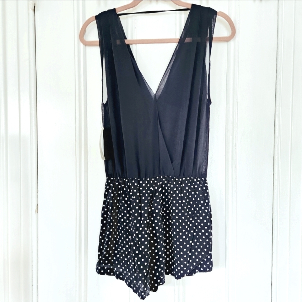 Zara Navy Blue And White Polka Dot Shorts V-neck Sleeveless Romper